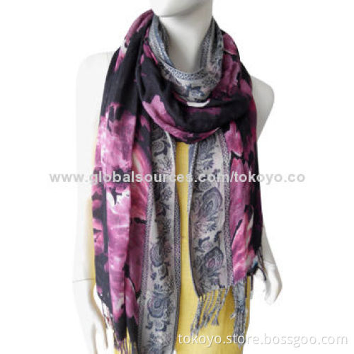 Jacquard border and printed mix scarf, made of viscose, modal and polyester, measures 180*70cm